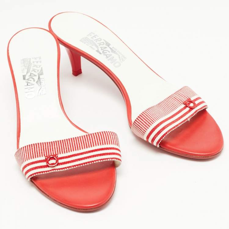 Pre Owned Salvatore Ferragamo Red Stripe Canvas and Leather Slide Sandals Size 39