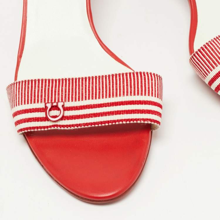 Pre Owned Salvatore Ferragamo Red Stripe Canvas and Leather Slide Sandals Size 39
