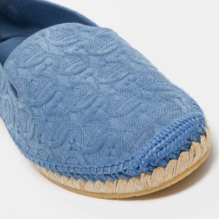 Pre Owned Salvatore Ferragamo Blue Logo Embossed Suede Sue Espadrille Flats Size 41