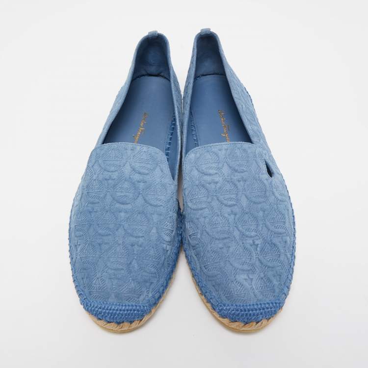 Pre Owned Salvatore Ferragamo Blue Logo Embossed Suede Sue Espadrille Flats Size 41