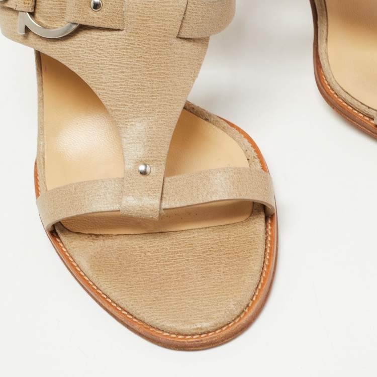 Pre Owned Salvatore Ferragamo Beige Textured Leather Slingback Sandals Size 38.5