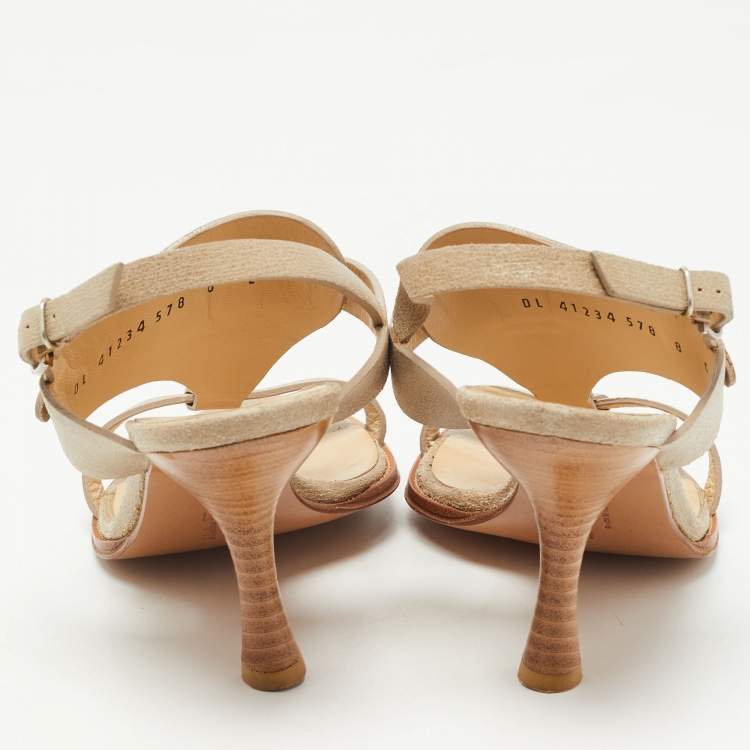 Pre Owned Salvatore Ferragamo Beige Textured Leather Slingback Sandals Size 38.5