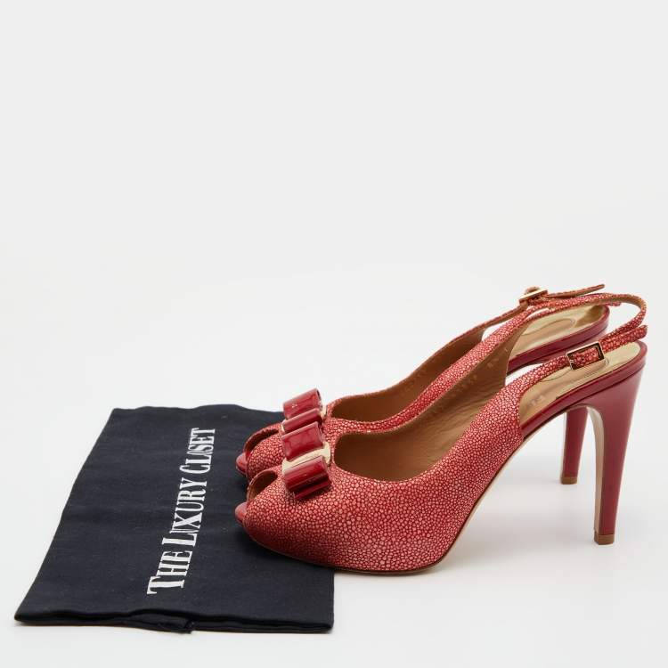 Pre Owned Salvatore Ferragamo Orange Suede Bow Peep Toe Slingback Sandals Size 39