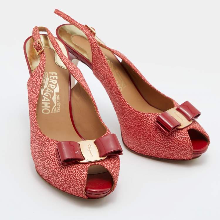 Pre Owned Salvatore Ferragamo Orange Suede Bow Peep Toe Slingback Sandals Size 39