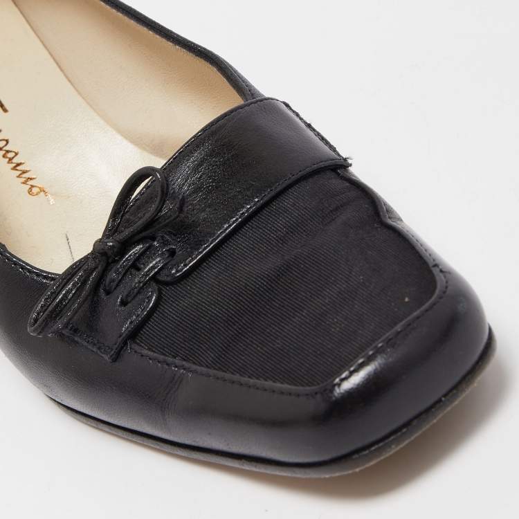 مملوكة مسبقًا Salvatore Ferragamo Black  Leather Bow Block Heel Pumps Size 37.5