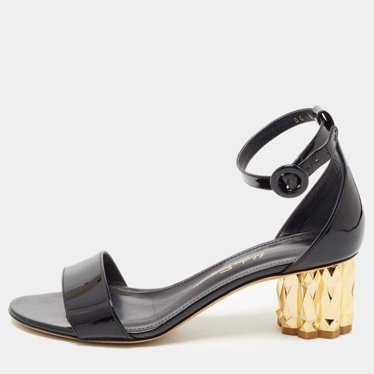 Pre Owned Salvatore Ferragamo Black Patent Leather Azalea Ankle Strap Block Sandals Size 37