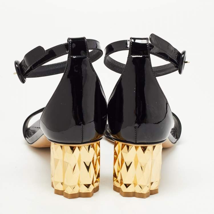 Pre Owned Salvatore Ferragamo Black Patent Leather Azalea Ankle Strap Block Sandals Size 37