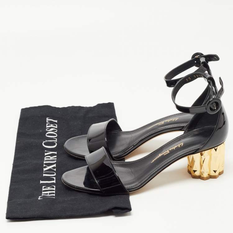 Pre Owned Salvatore Ferragamo Black Patent Leather Azalea Ankle Strap Block Sandals Size 37