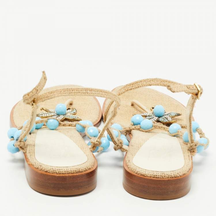 Pre Owned Salvatore Ferragamo Beige/Blue Jute Beads and Crystal Embellished Flat Sandals Size 40
