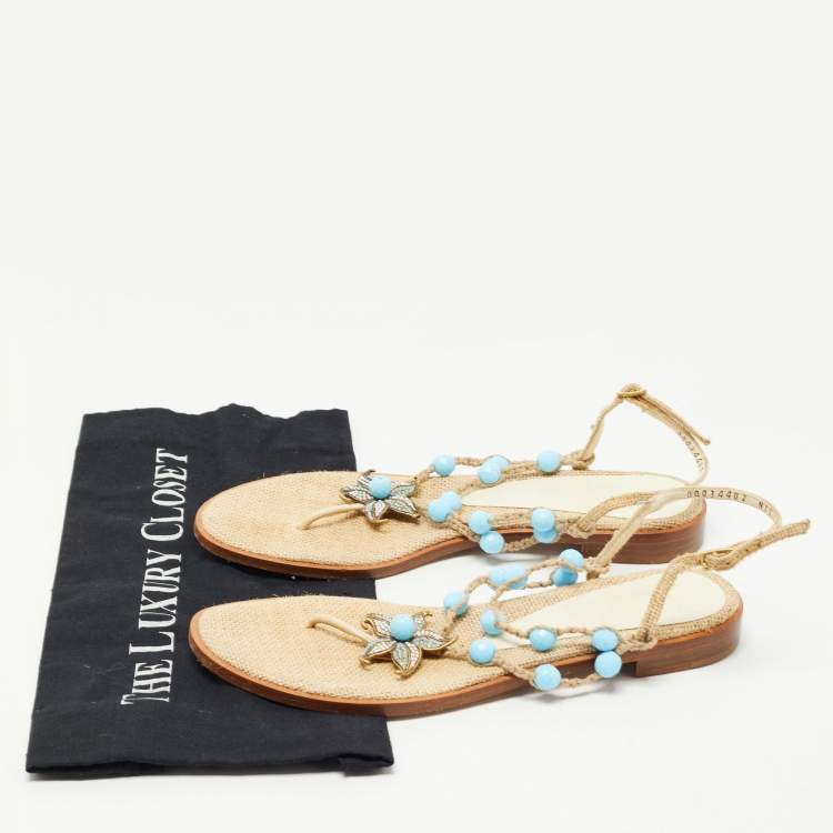 Pre Owned Salvatore Ferragamo Beige/Blue Jute Beads and Crystal Embellished Flat Sandals Size 40