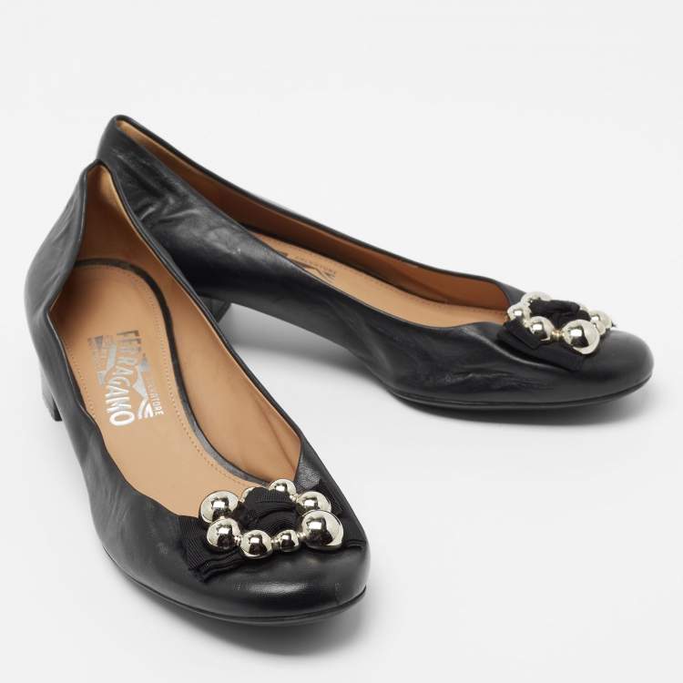 Pre Owned Salvatore Ferragamo Black Leather Flair Block Heel Pumps Size 39.5 