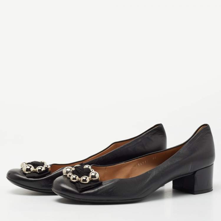 Pre Owned Salvatore Ferragamo Black Leather Flair Block Heel Pumps Size 39.5 