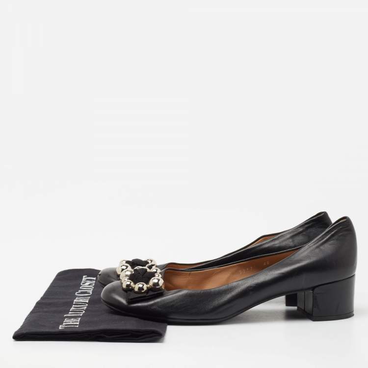 Pre Owned Salvatore Ferragamo Black Leather Flair Block Heel Pumps Size 39.5 