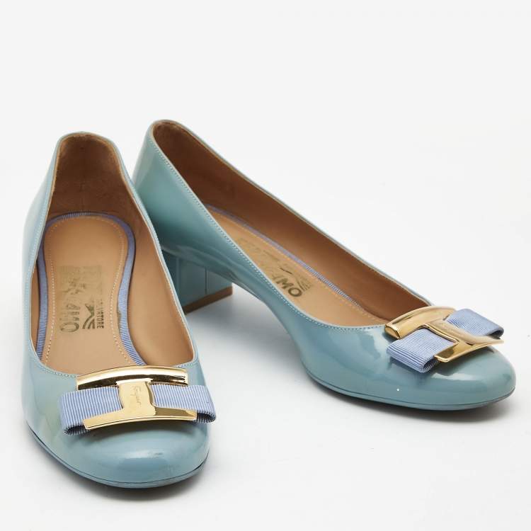 Pre Owned Salvatore Ferragamo Light Blue Patent Leather Alice Pumps Size 38