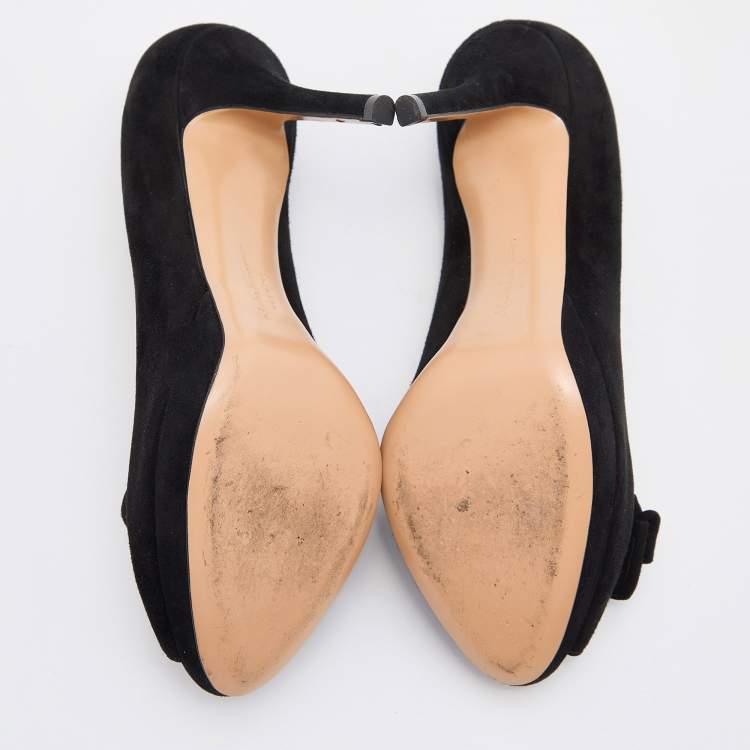 Pre Owned Salvatore Ferragamo Black Suede Rosella Bow Peep Toe Platform Pumps Size 37