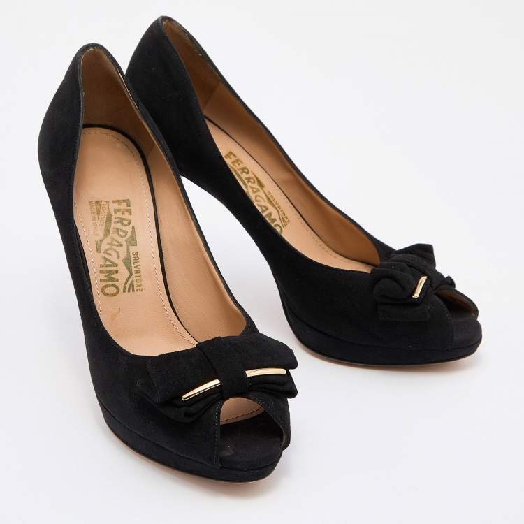 Pre Owned Salvatore Ferragamo Black Suede Rosella Bow Peep Toe Platform Pumps Size 37