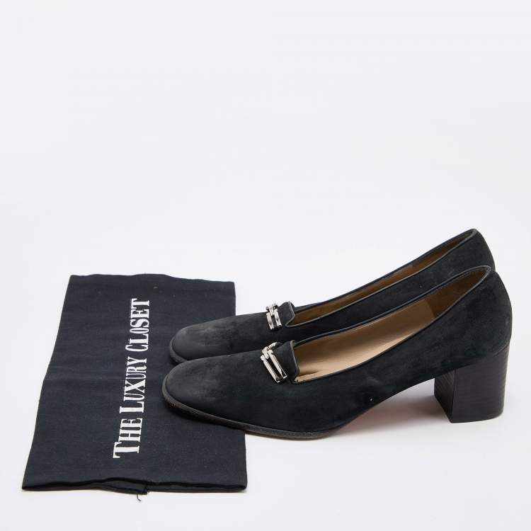 Pre Owned Salvatore Ferragamo Black Nubuck Leather Block Heel Pumps Size 39.5