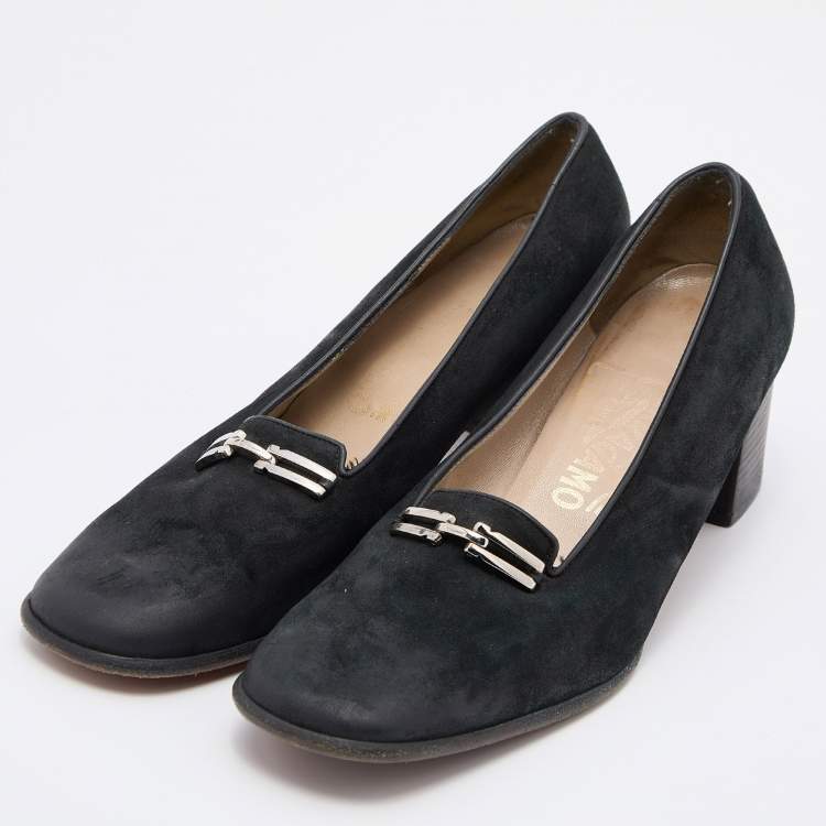 Pre Owned Salvatore Ferragamo Black Nubuck Leather Block Heel Pumps Size 39.5