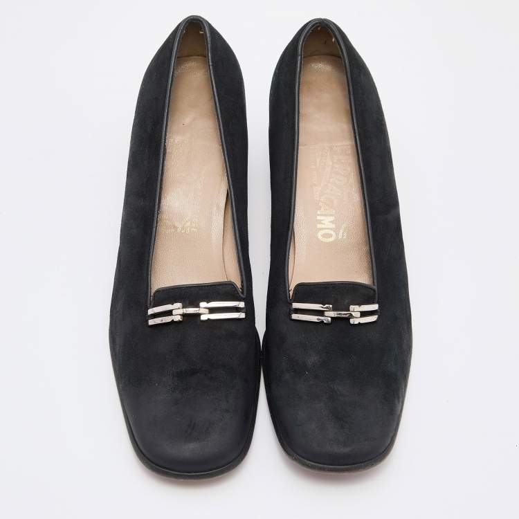Pre Owned Salvatore Ferragamo Black Nubuck Leather Block Heel Pumps Size 39.5