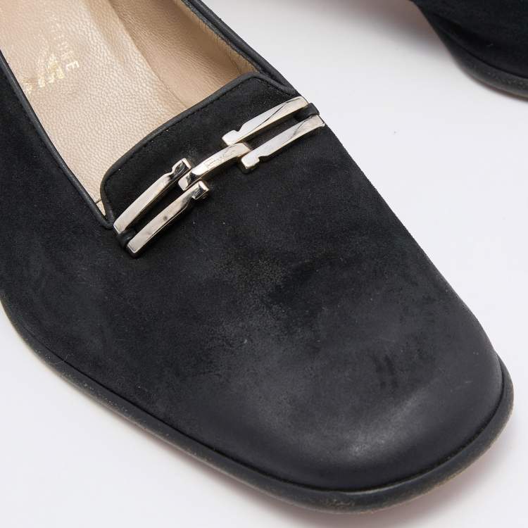 Pre Owned Salvatore Ferragamo Black Nubuck Leather Block Heel Pumps Size 39.5