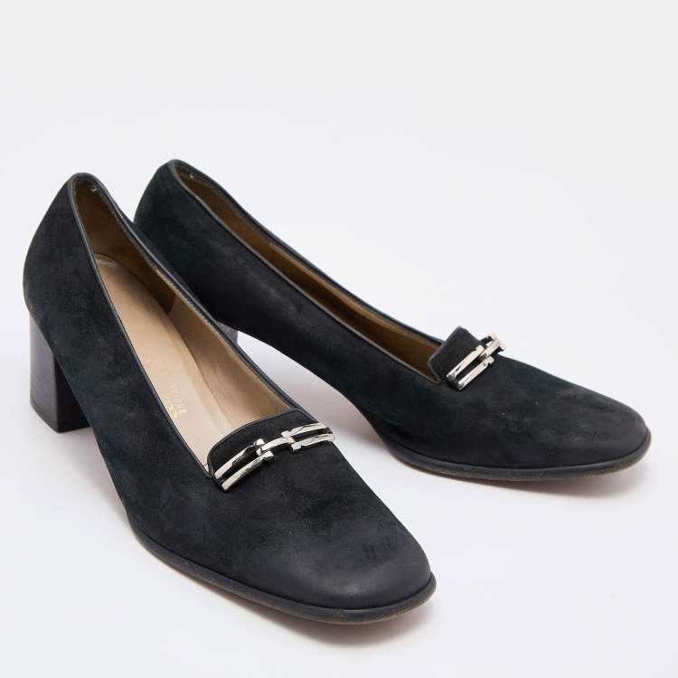 Pre Owned Salvatore Ferragamo Black Nubuck Leather Block Heel Pumps Size 39.5