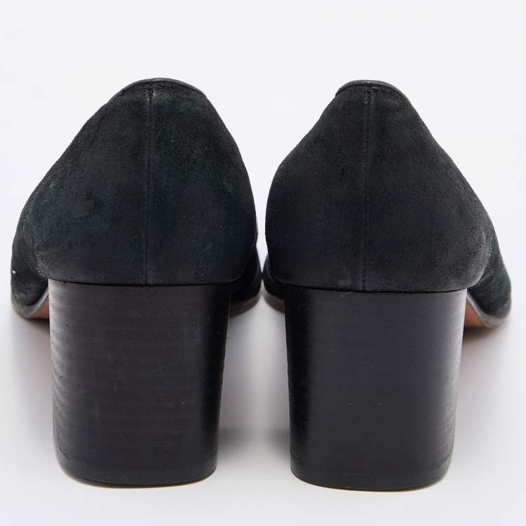 Pre Owned Salvatore Ferragamo Black Nubuck Leather Block Heel Pumps Size 39.5