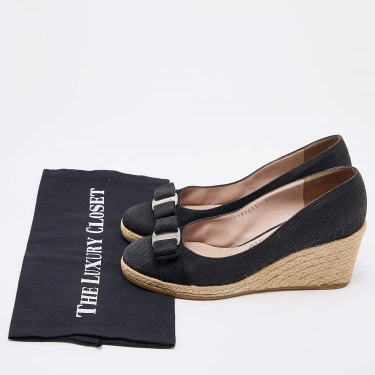 Pre Owned Salvatore Ferragamo Black Canvas Bow Detailed 'Darly' Espadrille Wedges Size 38