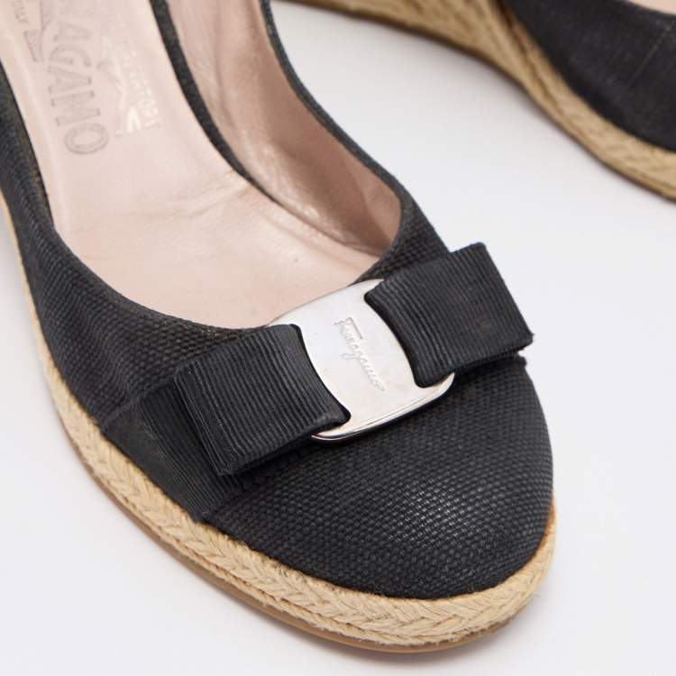 Pre Owned Salvatore Ferragamo Black Canvas Bow Detailed 'Darly' Espadrille Wedges Size 38