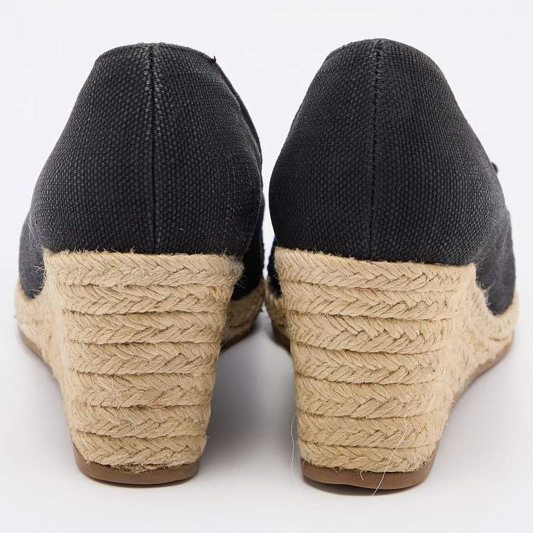 Pre Owned Salvatore Ferragamo Black Canvas Bow Detailed 'Darly' Espadrille Wedges Size 38