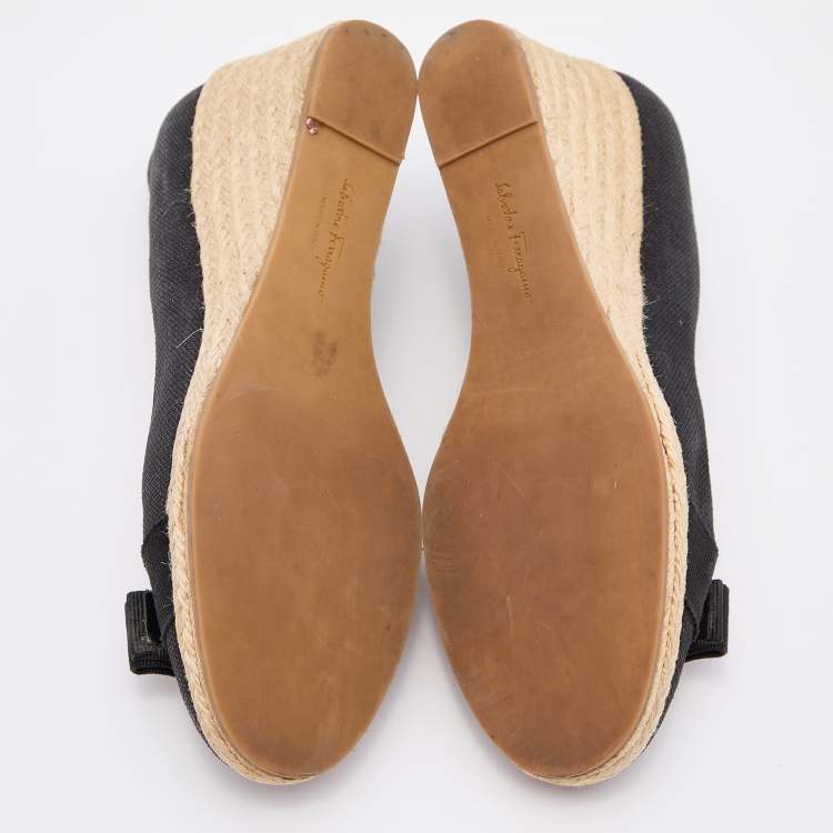 Pre Owned Salvatore Ferragamo Black Canvas Bow Detailed 'Darly' Espadrille Wedges Size 38