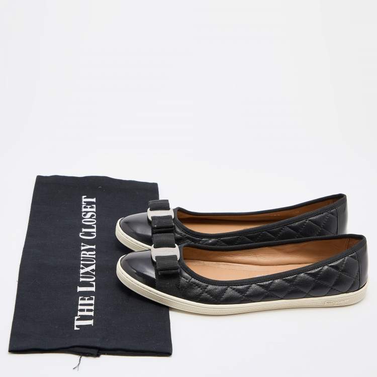 Pre Owned Salvatore Ferragamo Black Quilted Leather Varina Bow Ballet Flats Size 38