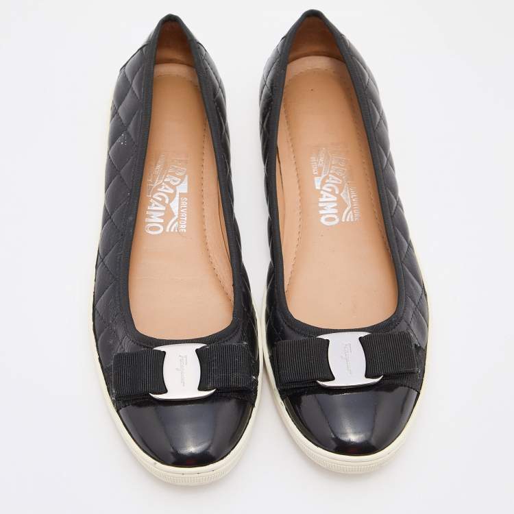 Pre Owned Salvatore Ferragamo Black Quilted Leather Varina Bow Ballet Flats Size 38