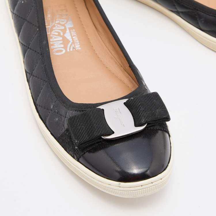 Pre Owned Salvatore Ferragamo Black Quilted Leather Varina Bow Ballet Flats Size 38