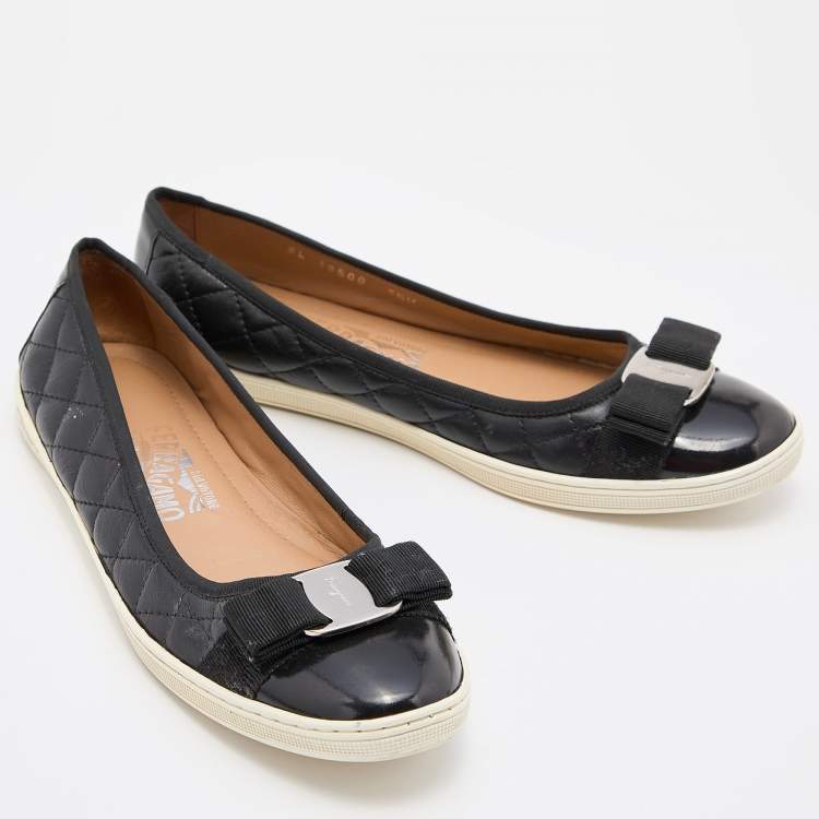 Pre Owned Salvatore Ferragamo Black Quilted Leather Varina Bow Ballet Flats Size 38