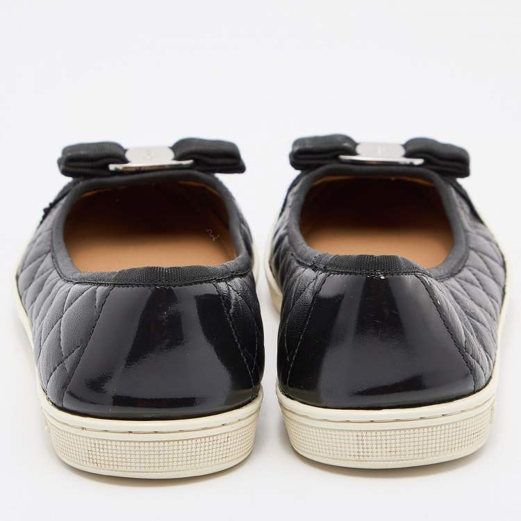 Pre Owned Salvatore Ferragamo Black Quilted Leather Varina Bow Ballet Flats Size 38