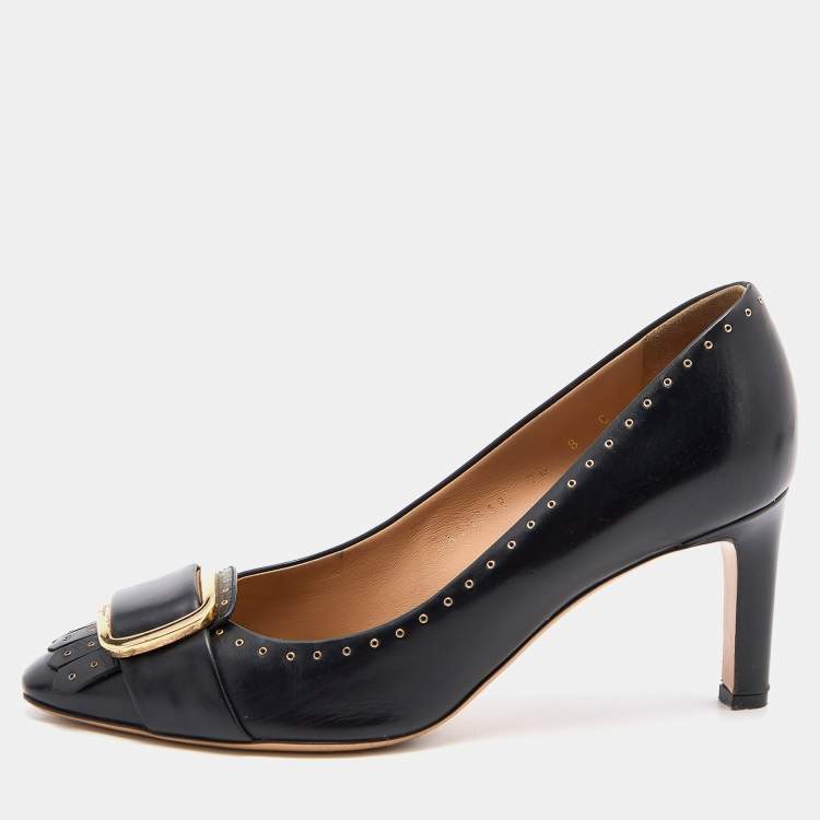 Pre Owned Salvatore Ferragamo Black Leather Fringe Detail Pumps Size 38.5