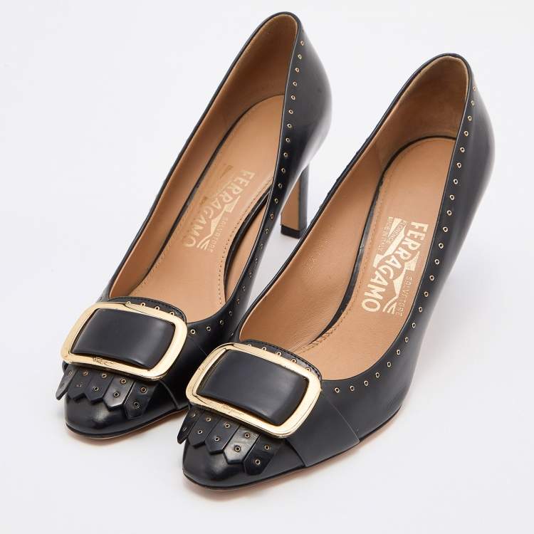 Pre Owned Salvatore Ferragamo Black Leather Fringe Detail Pumps Size 38.5