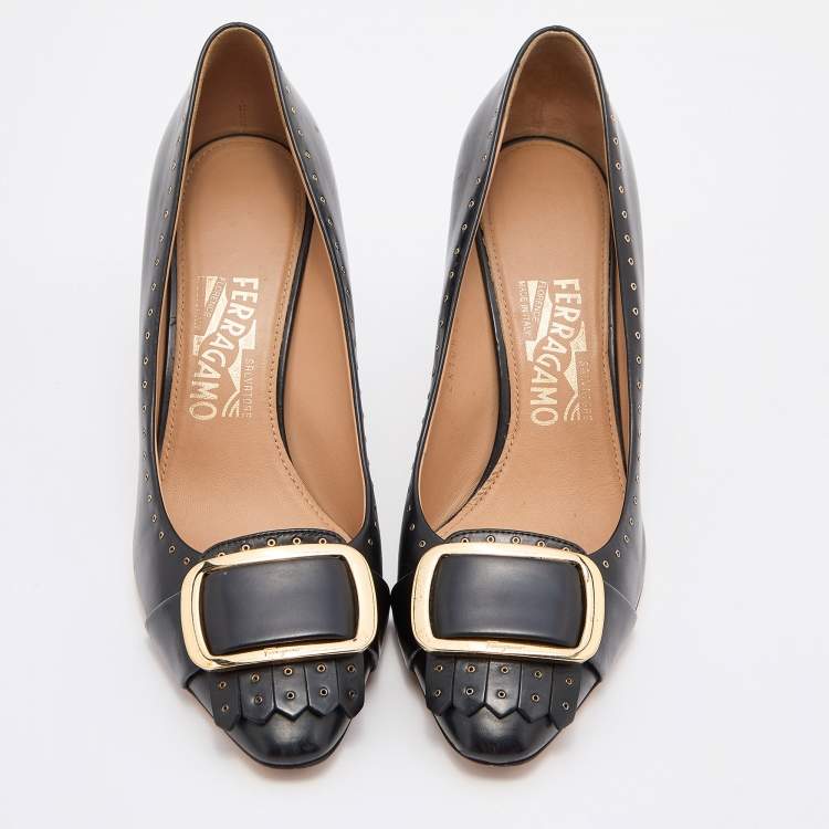 Pre Owned Salvatore Ferragamo Black Leather Fringe Detail Pumps Size 38.5