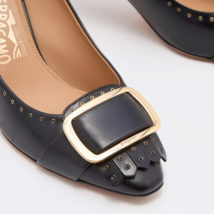 Pre Owned Salvatore Ferragamo Black Leather Fringe Detail Pumps Size 38.5