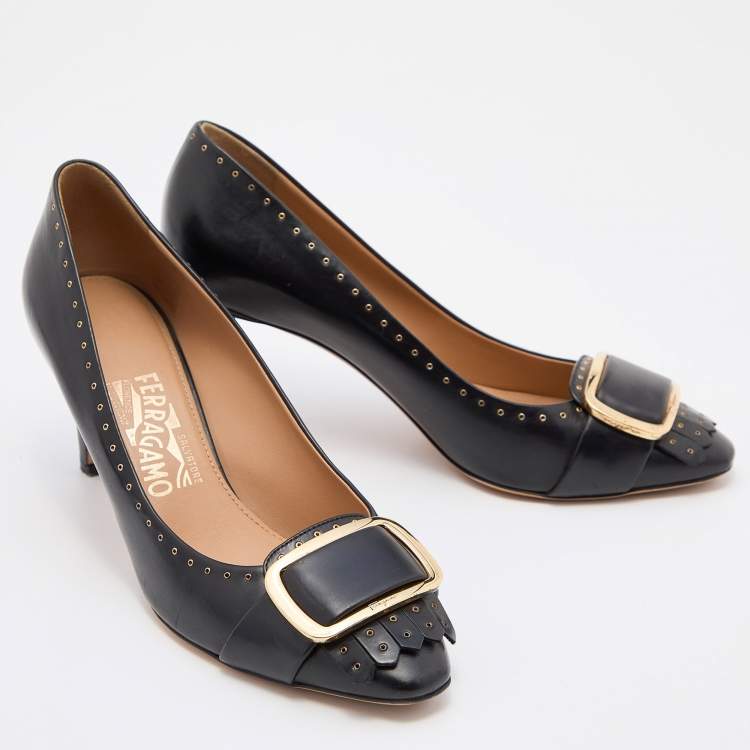Pre Owned Salvatore Ferragamo Black Leather Fringe Detail Pumps Size 38.5