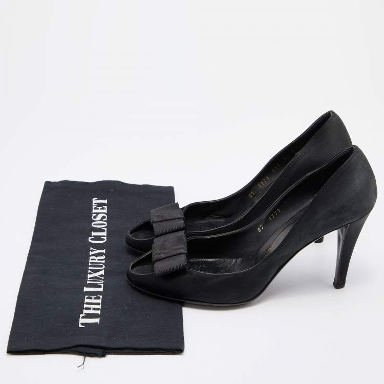 Pre Owned Salvatore Ferragamo Satin Bow Peep Toe Pumps Size 39