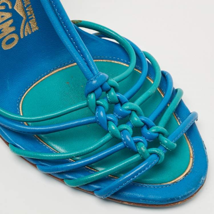 Pre Owned Salvatore Ferragamo Blue Leather Ankle Strap Sandals Size 38.5
