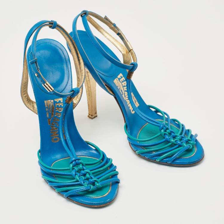 Pre Owned Salvatore Ferragamo Blue Leather Ankle Strap Sandals Size 38.5
