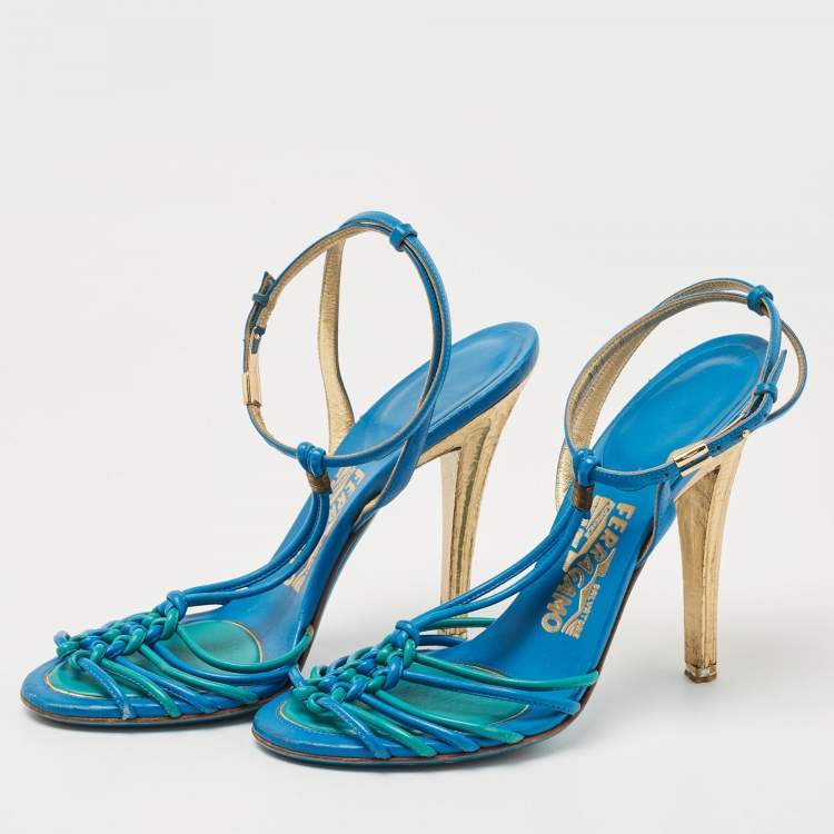 Pre Owned Salvatore Ferragamo Blue Leather Ankle Strap Sandals Size 38.5