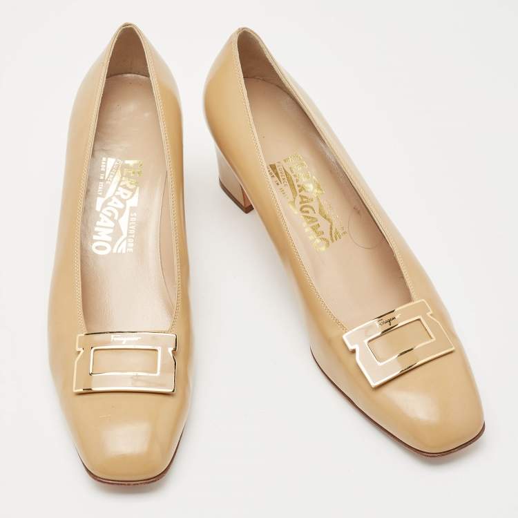 Pre Owned Salvatore Ferragamo Beige Leather Block Heel Pumps Size 40