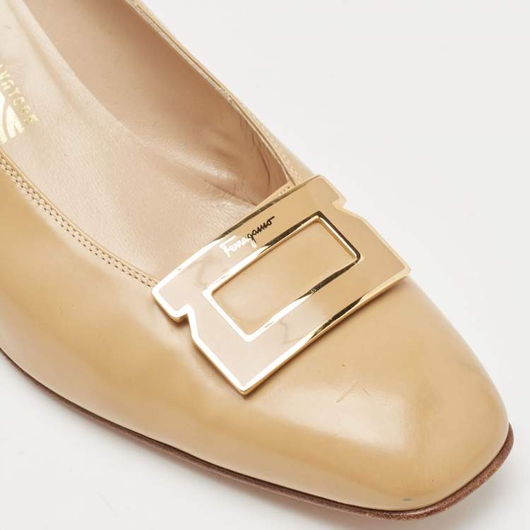 Pre Owned Salvatore Ferragamo Beige Leather Block Heel Pumps Size 40