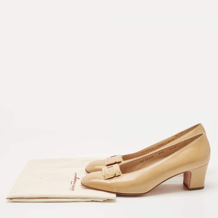 Pre Owned Salvatore Ferragamo Beige Leather Block Heel Pumps Size 40