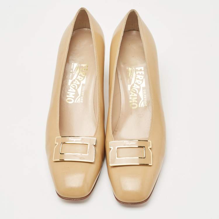 Pre Owned Salvatore Ferragamo Beige Leather Block Heel Pumps Size 40