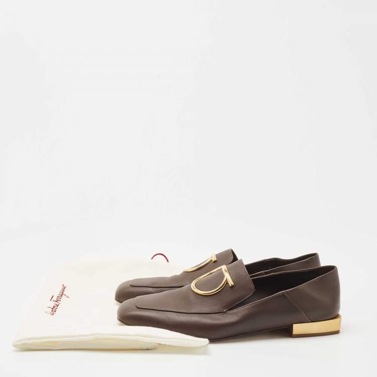 Pre Owned Salvatore Ferragamo Brown Leather Gancini Loafers Size 39.5
