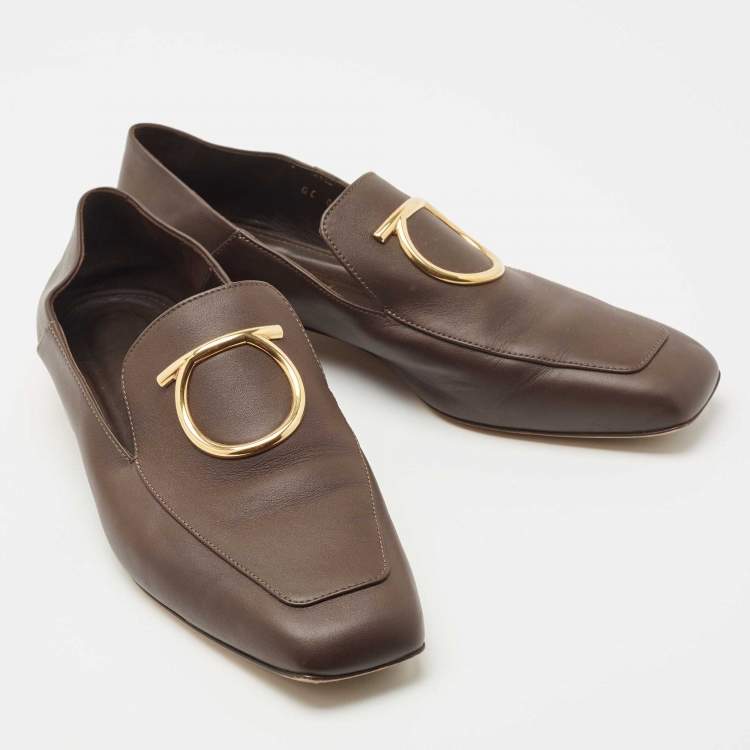 Pre Owned Salvatore Ferragamo Brown Leather Gancini Loafers Size 39.5